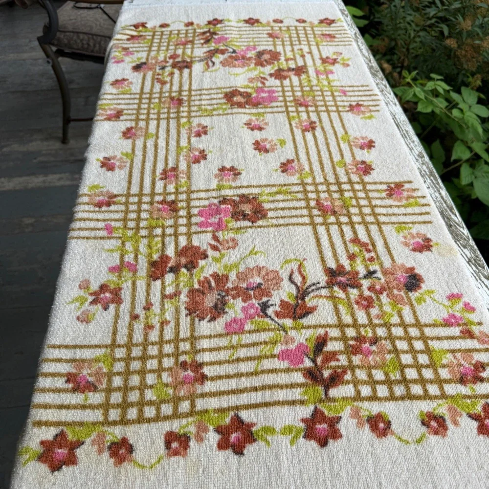 Vintage Floral Hand Towel and Washcloth Set 3pc Retro 70s Cotton Fringed